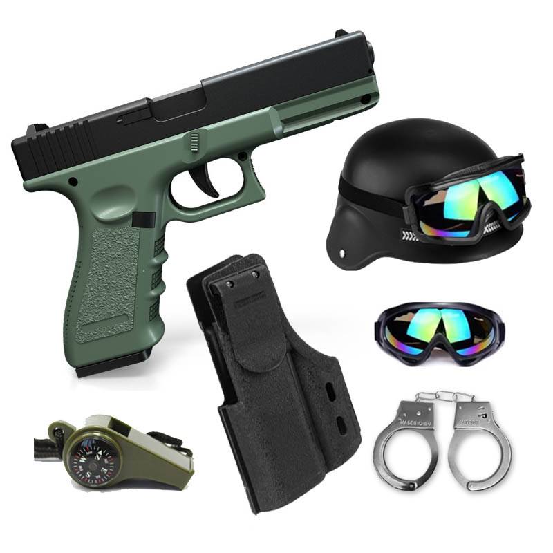 Sound pistol black + gun + wind camera helmet + handcuffs + whistle